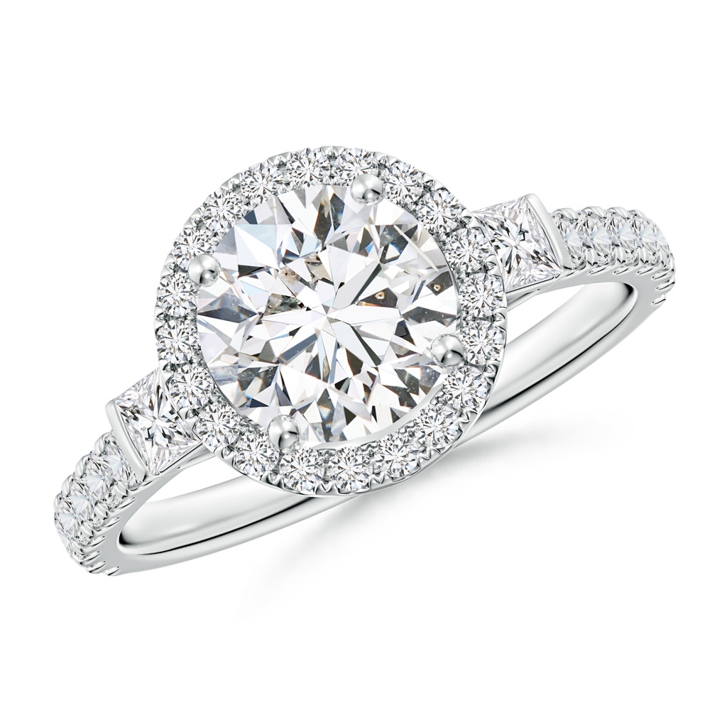 7.4mm HSI2 Round Diamond Side Stone Halo Engagement Ring in White Gold