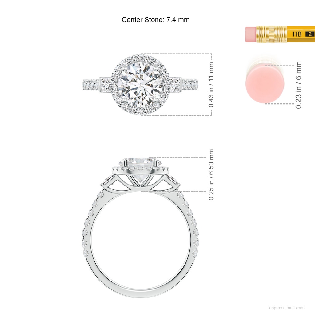 7.4mm HSI2 Round Diamond Side Stone Halo Engagement Ring in White Gold ruler