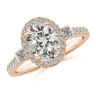 8.5x6.5mm KI3 Oval Diamond Side Stone Halo Engagement Ring in Rose Gold