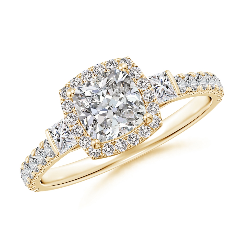 5.5mm IJI1I2 Cushion Diamond Side Stone Halo Engagement Ring in Yellow Gold