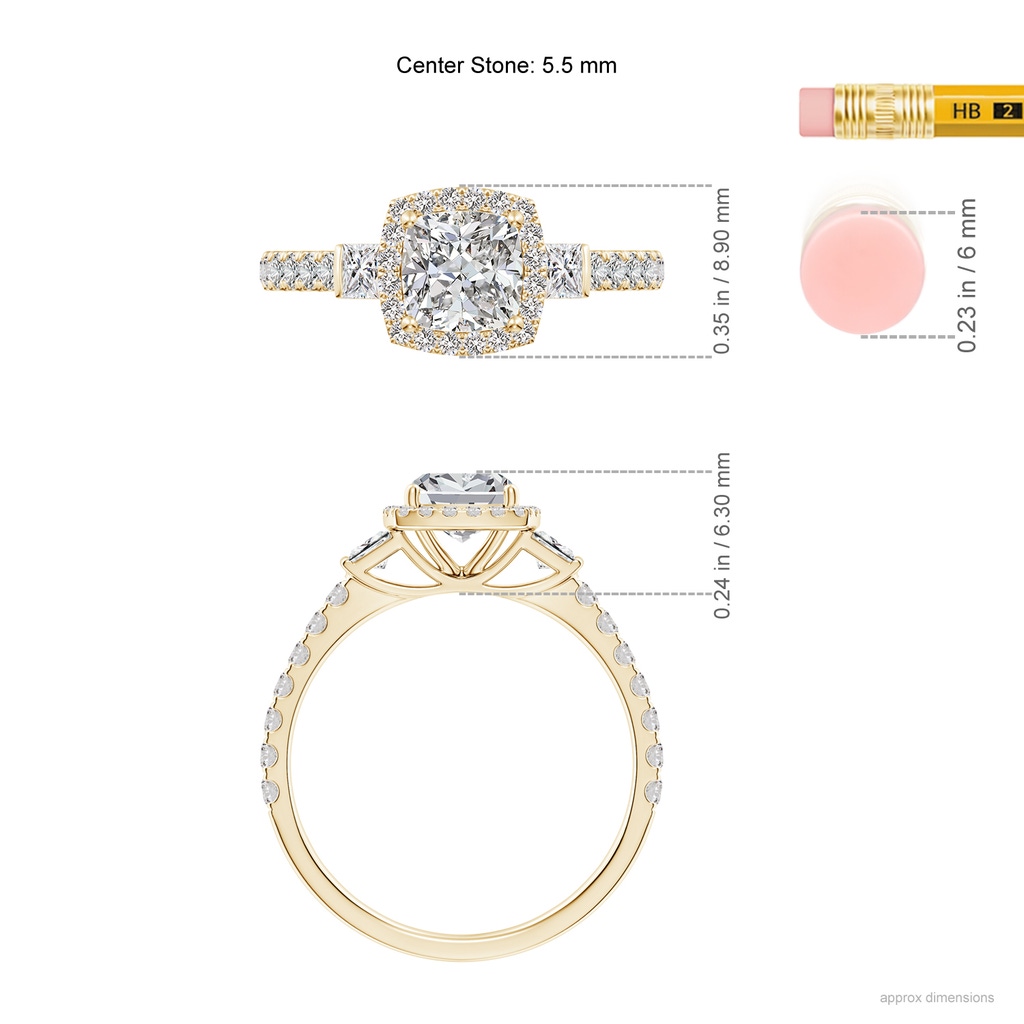 5.5mm IJI1I2 Cushion Diamond Side Stone Halo Engagement Ring in Yellow Gold ruler