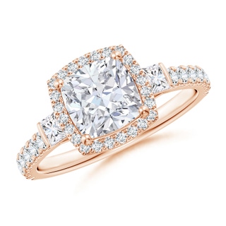 6.5mm GVS2 Cushion Diamond Side Stone Halo Engagement Ring in Rose Gold