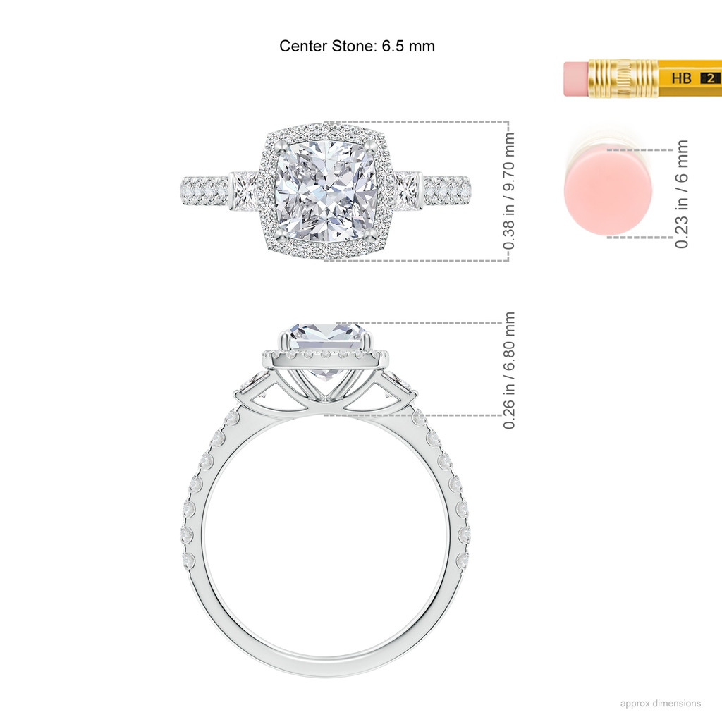6.5mm HSI2 Cushion Diamond Side Stone Halo Engagement Ring in White Gold ruler
