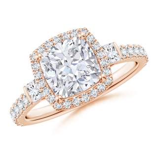 7mm GVS2 Cushion Diamond Side Stone Halo Engagement Ring in Rose Gold