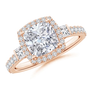 7mm HSI2 Cushion Diamond Side Stone Halo Engagement Ring in Rose Gold