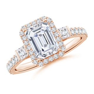 7.5x5.5mm GVS2 Emerald-Cut Diamond Side Stone Halo Engagement Ring in Rose Gold