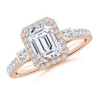 7.5x5.5mm HSI2 Emerald-Cut Diamond Side Stone Halo Engagement Ring in Rose Gold