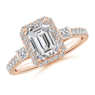 7.5x5.5mm IJI1I2 Emerald-Cut Diamond Side Stone Halo Engagement Ring in Rose Gold
