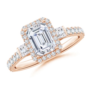 7x5mm GVS2 Emerald-Cut Diamond Side Stone Halo Engagement Ring in Rose Gold