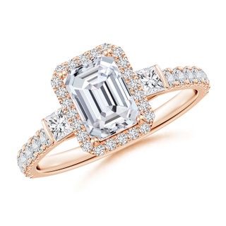 7x5mm HSI2 Emerald-Cut Diamond Side Stone Halo Engagement Ring in Rose Gold