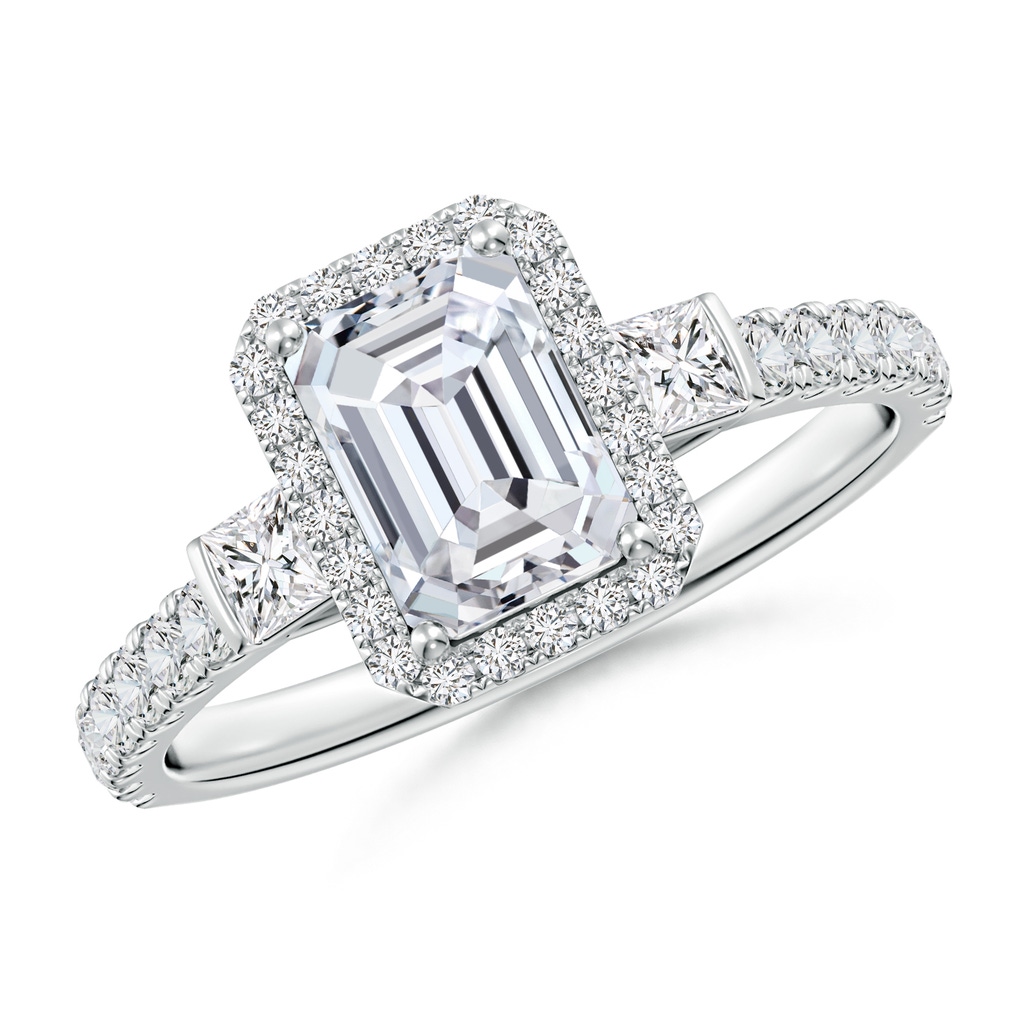 7x5mm HSI2 Emerald-Cut Diamond Side Stone Halo Engagement Ring in White Gold