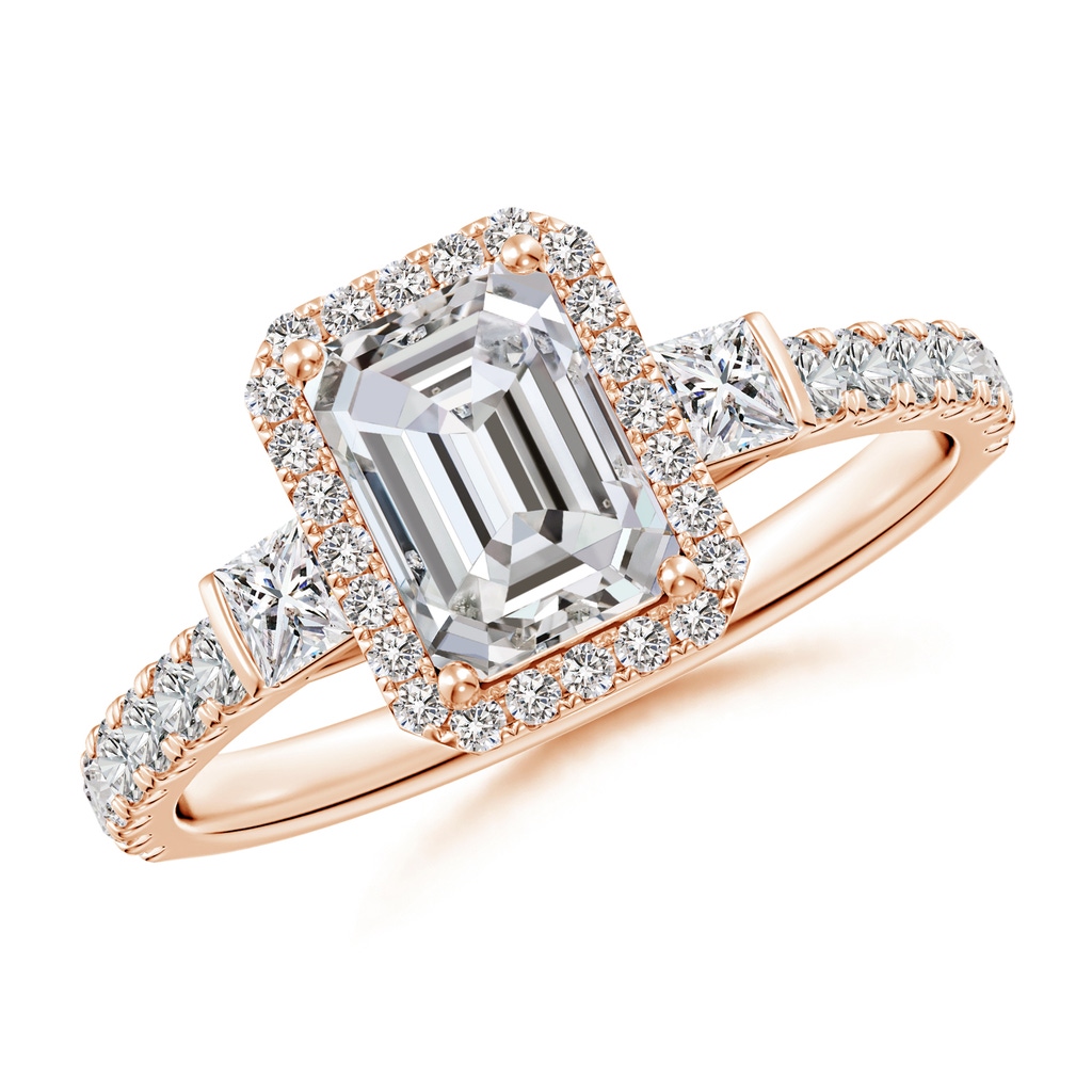 7x5mm IJI1I2 Emerald-Cut Diamond Side Stone Halo Engagement Ring in Rose Gold