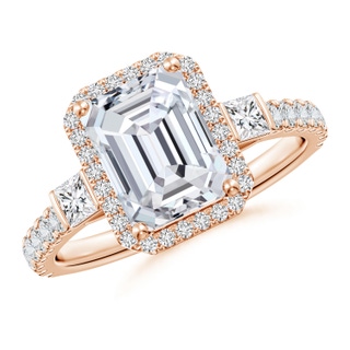 8.5x6.5mm HSI2 Emerald-Cut Diamond Side Stone Halo Engagement Ring in 18K Rose Gold