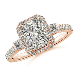 7.5x5.8mm KI3 Radiant-Cut Diamond Side Stone Halo Engagement Ring in 10K Rose Gold