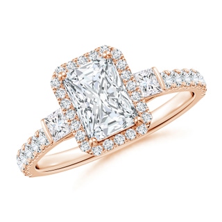 7x5mm GVS2 Radiant-Cut Diamond Side Stone Halo Engagement Ring in 10K Rose Gold