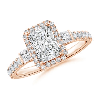 7x5mm HSI2 Radiant-Cut Diamond Side Stone Halo Engagement Ring in 18K Rose Gold