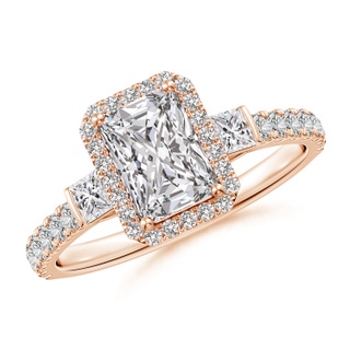 7x5mm IJI1I2 Radiant-Cut Diamond Side Stone Halo Engagement Ring in Rose Gold