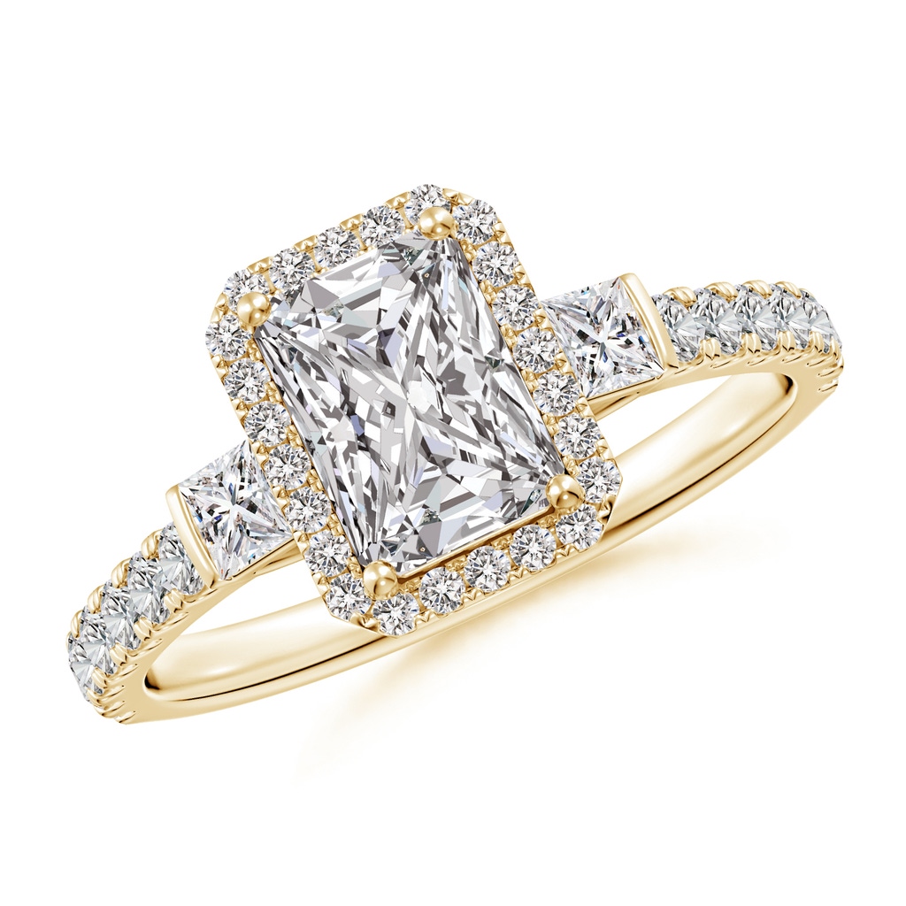 7x5mm IJI1I2 Radiant-Cut Diamond Side Stone Halo Engagement Ring in Yellow Gold