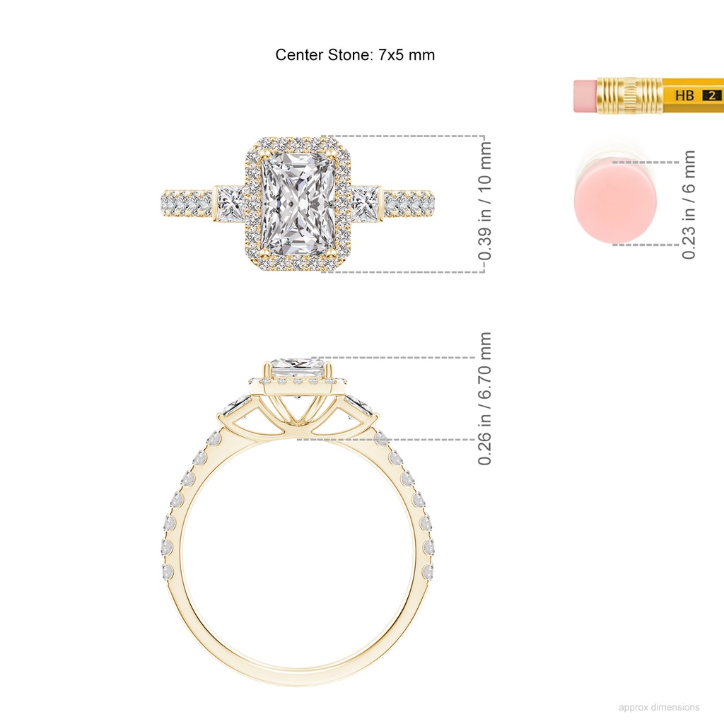 7x5mm IJI1I2 Radiant-Cut Diamond Side Stone Halo Engagement Ring in Yellow Gold ruler