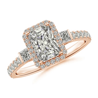 7x5mm KI3 Radiant-Cut Diamond Side Stone Halo Engagement Ring in Rose Gold