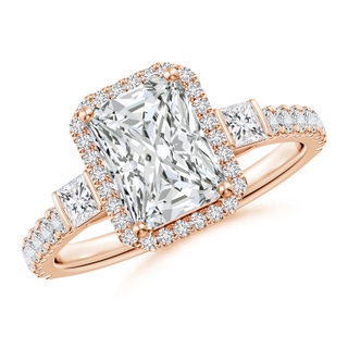 8x6mm HSI2 Radiant-Cut Diamond Side Stone Halo Engagement Ring in 10K Rose Gold