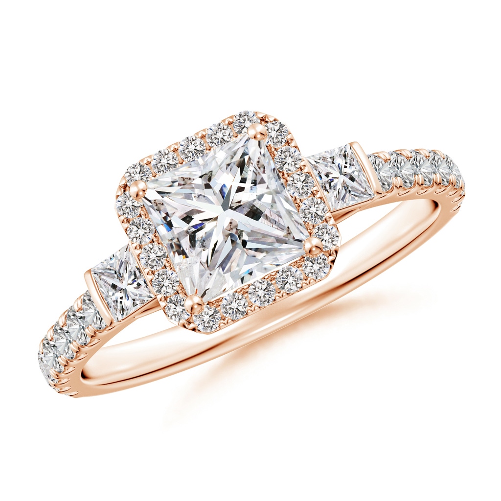 5.5mm IJI1I2 Princess-Cut Diamond Side Stone Halo Engagement Ring in Rose Gold