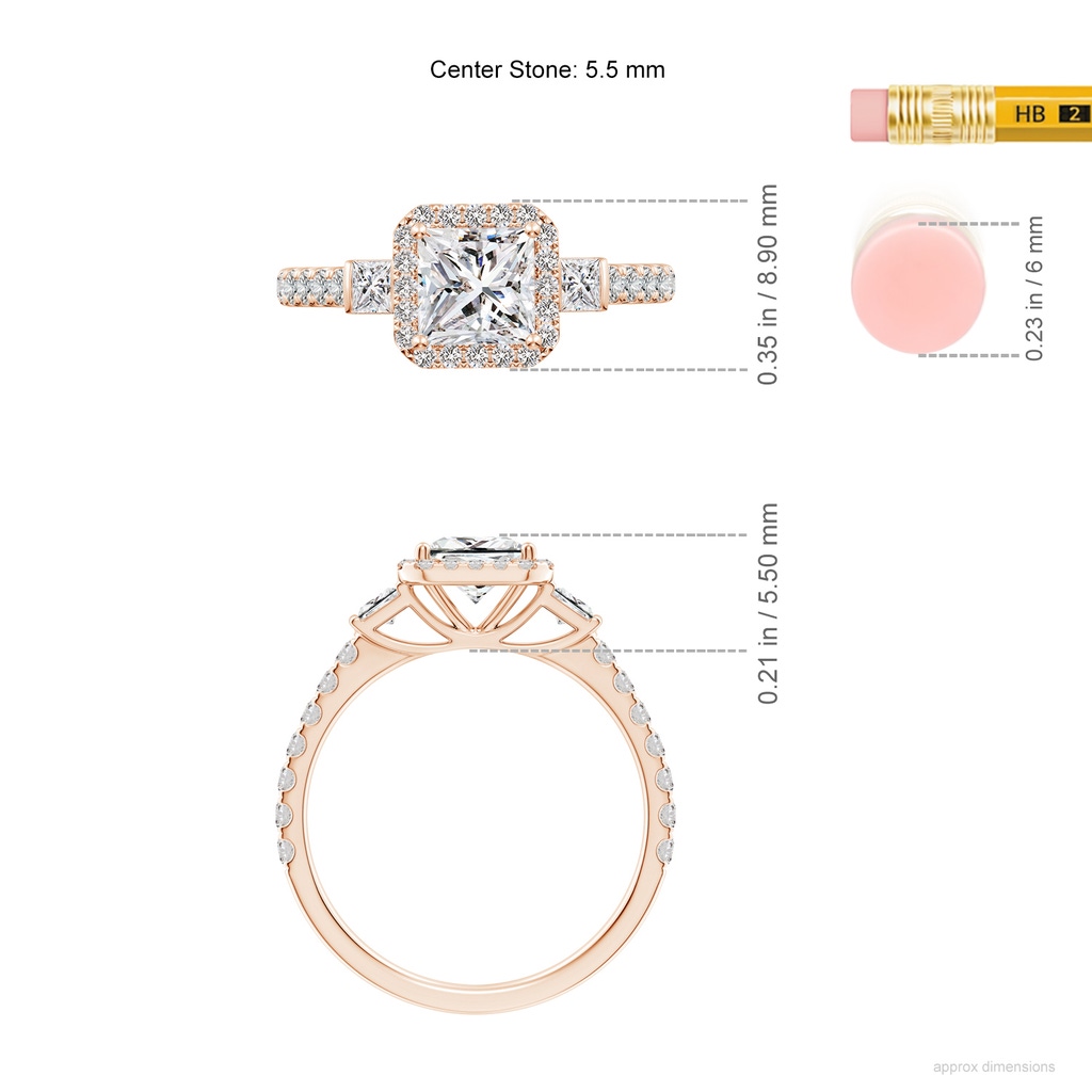5.5mm IJI1I2 Princess-Cut Diamond Side Stone Halo Engagement Ring in Rose Gold ruler