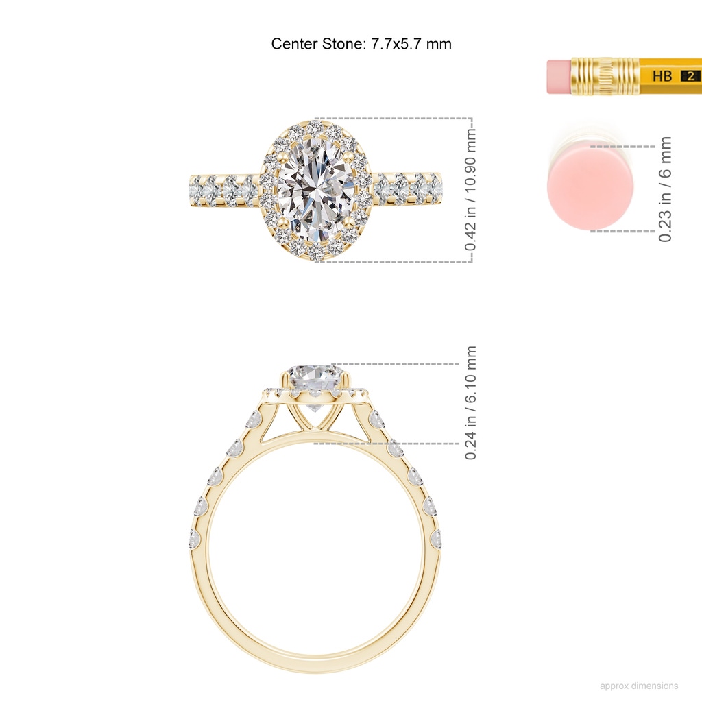 7.7x5.7mm IJI1I2 Oval Diamond Halo Classic Engagement Ring in Yellow Gold ruler