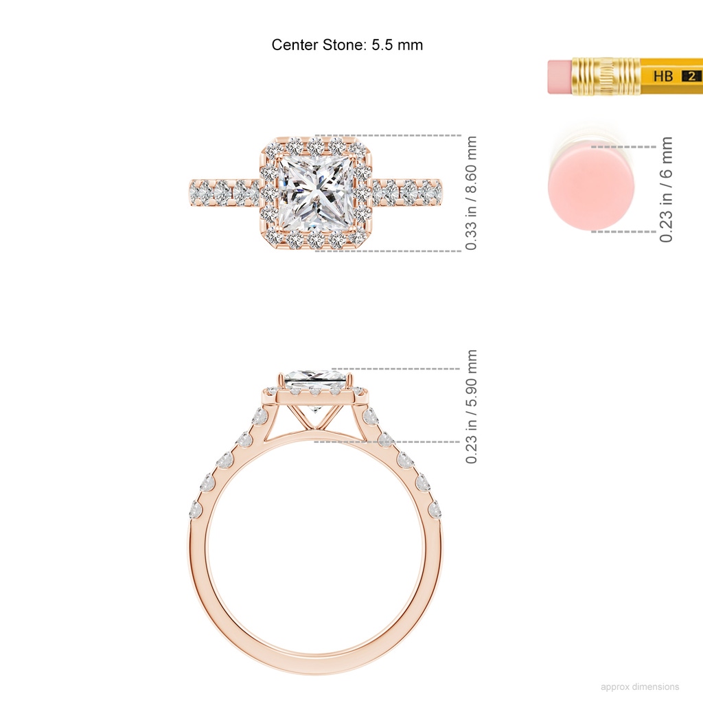 5.5mm IJI1I2 Princess-Cut Diamond Halo Engagement Ring in Rose Gold ruler