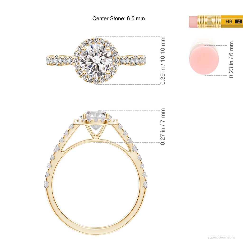 6.5mm IJI1I2 Round Diamond Station Halo Engagement Ring in Yellow Gold ruler