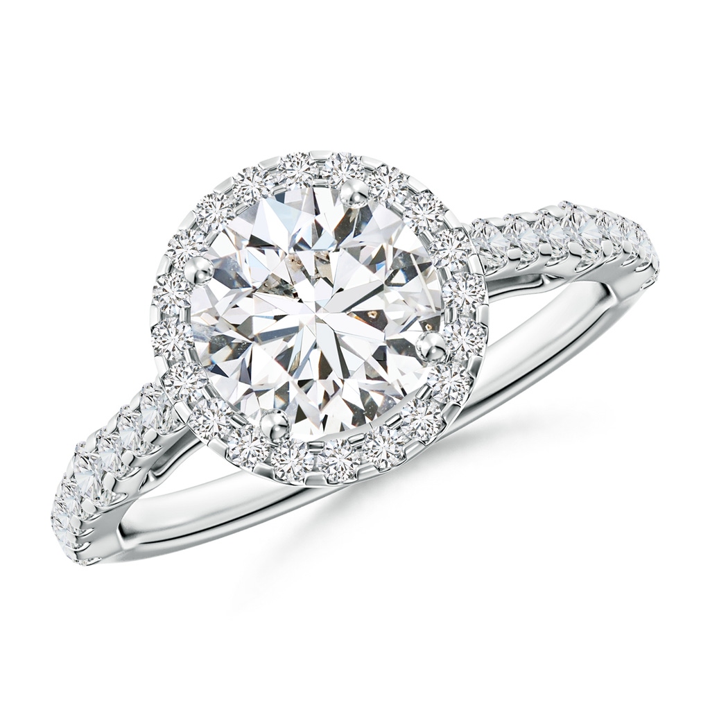 7.4mm HSI2 Round Diamond Station Halo Engagement Ring in White Gold