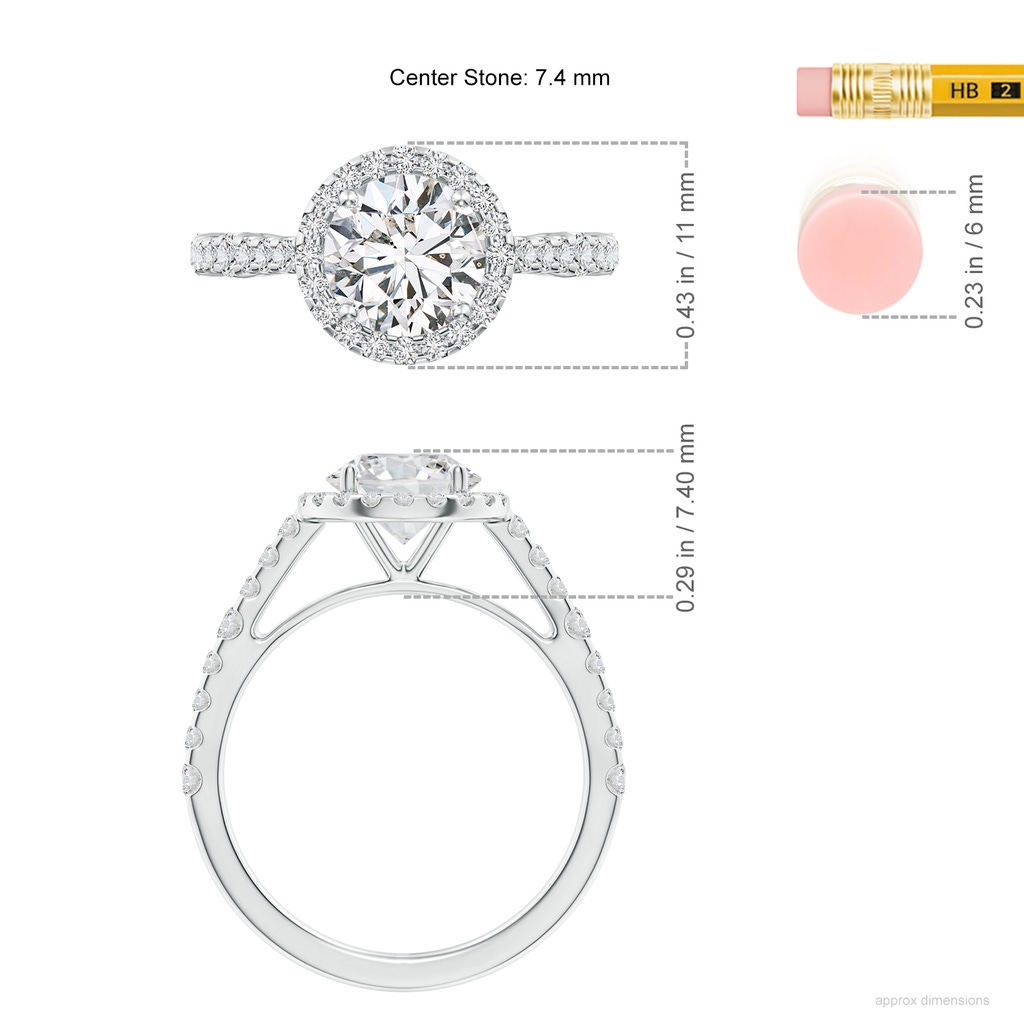 7.4mm HSI2 Round Diamond Station Halo Engagement Ring in White Gold ruler