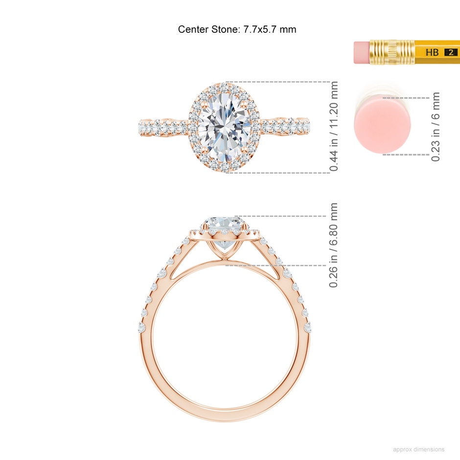 7.7x5.7mm GVS2 Oval Diamond Station Halo Engagement Ring in Rose Gold ruler
