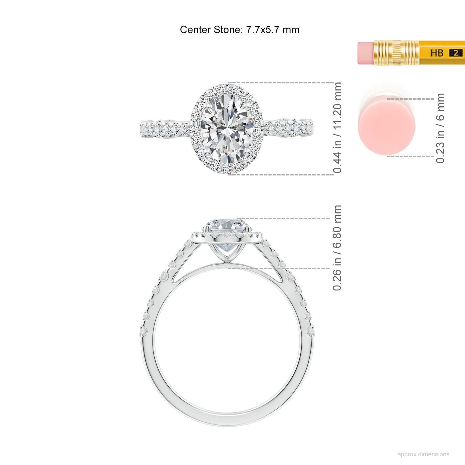 7.7x5.7mm HSI2 Oval Diamond Station Halo Engagement Ring in White Gold - ruler