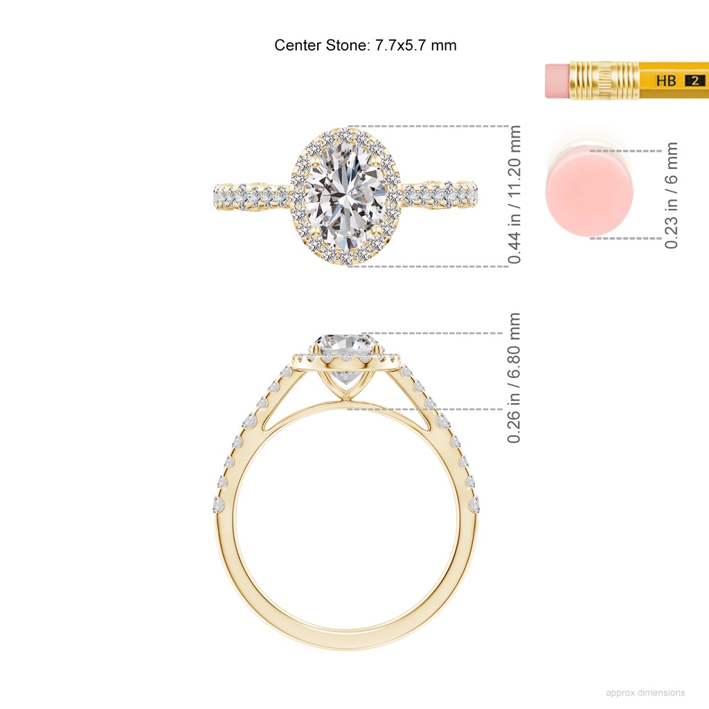 7.7x5.7mm IJI1I2 Oval Diamond Station Halo Engagement Ring in Yellow Gold ruler