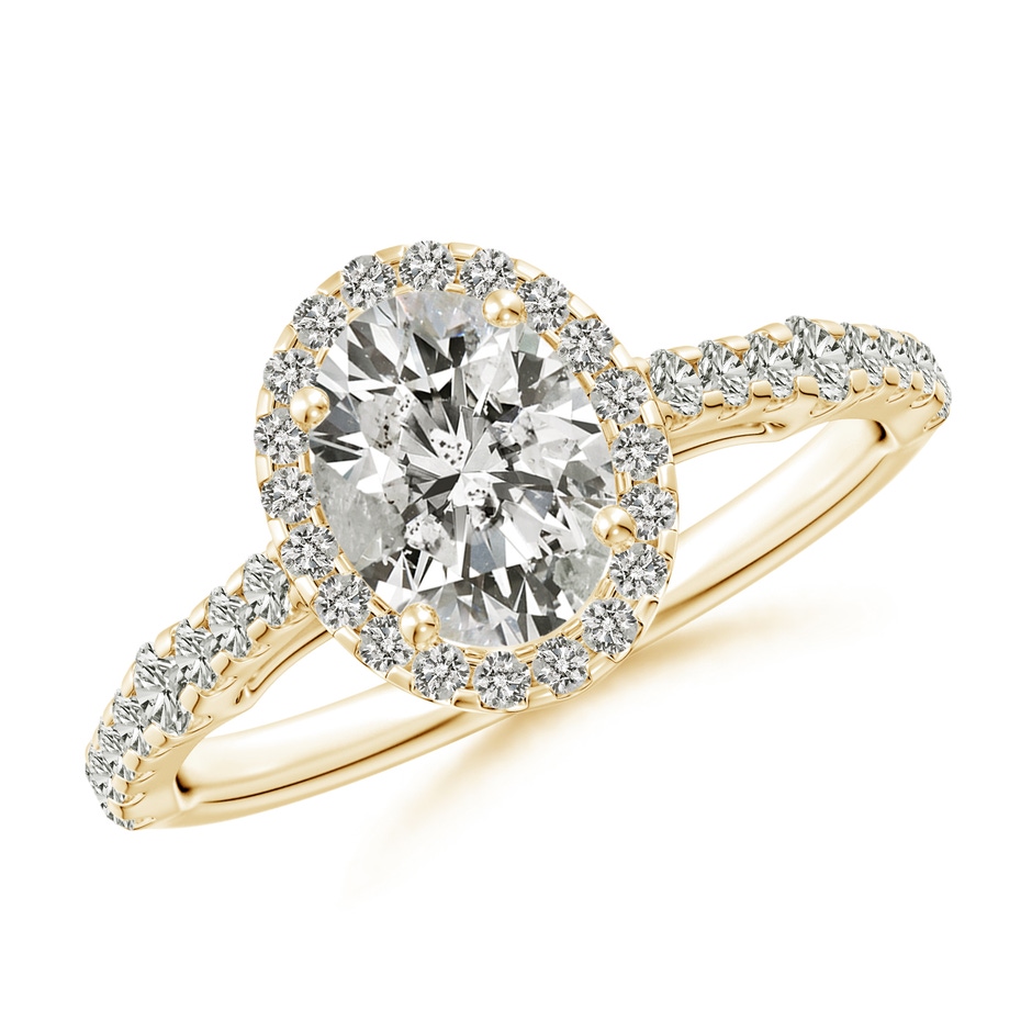 7.7x5.7mm KI3 Oval Diamond Station Halo Engagement Ring in Yellow Gold 