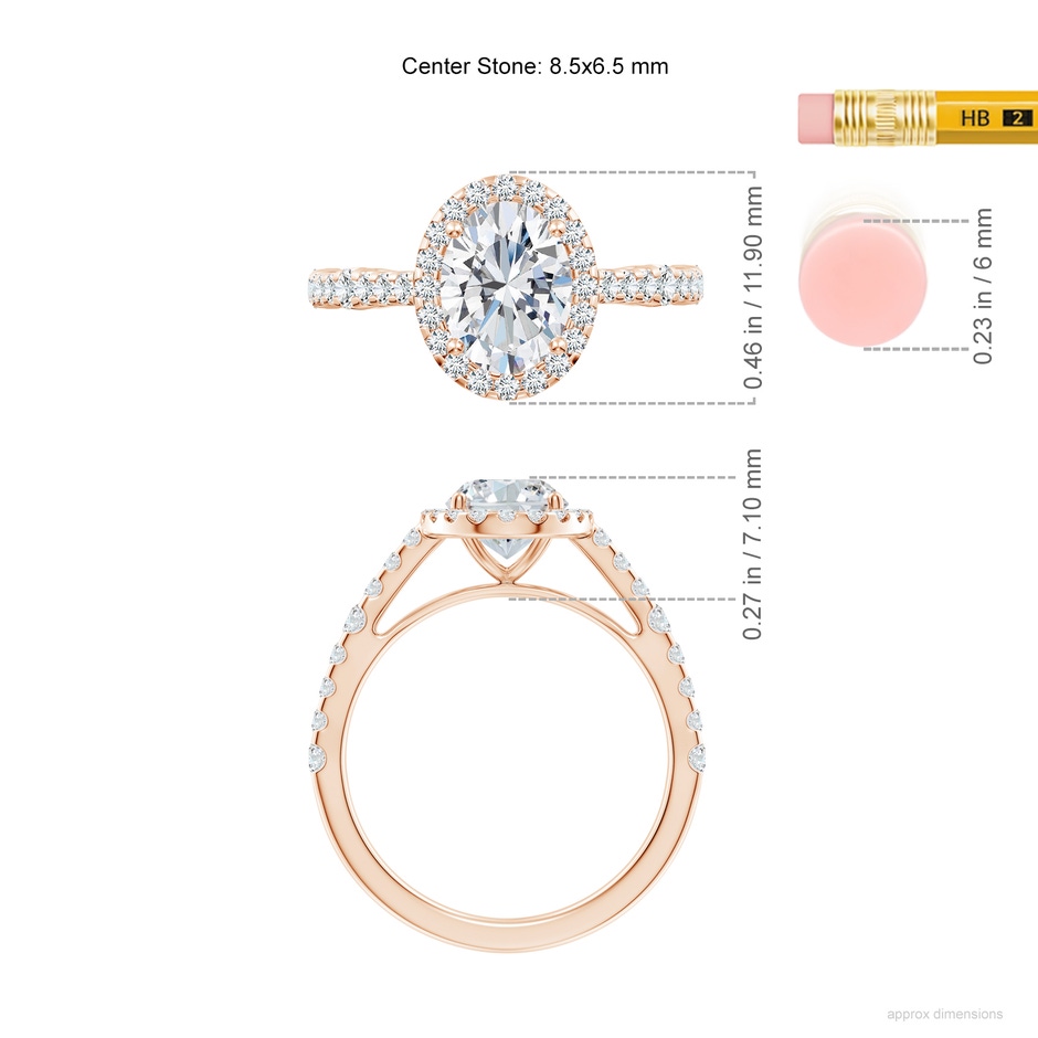 8.5x6.5mm GVS2 Oval Diamond Station Halo Engagement Ring in Rose Gold ruler
