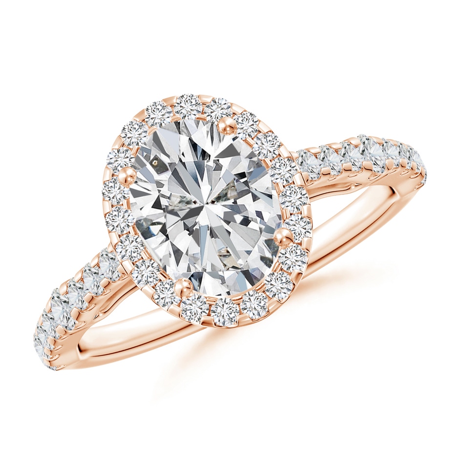 8.5x6.5mm HSI2 Oval Diamond Station Halo Engagement Ring in Rose Gold 