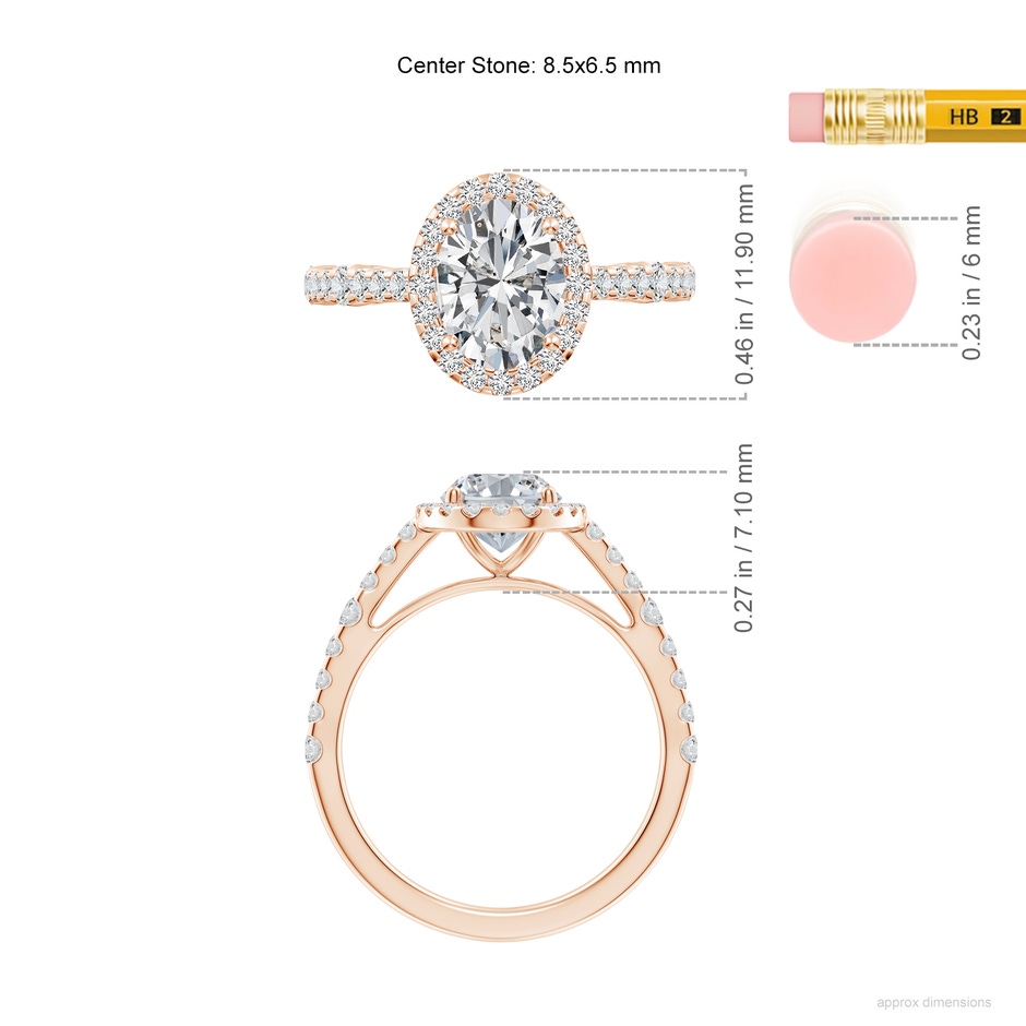8.5x6.5mm HSI2 Oval Diamond Station Halo Engagement Ring in Rose Gold ruler