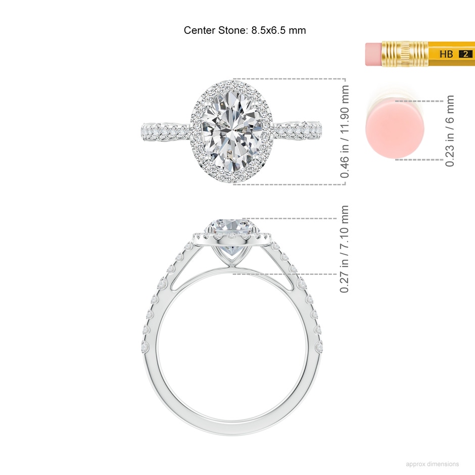 8.5x6.5mm HSI2 Oval Diamond Station Halo Engagement Ring in White Gold ruler