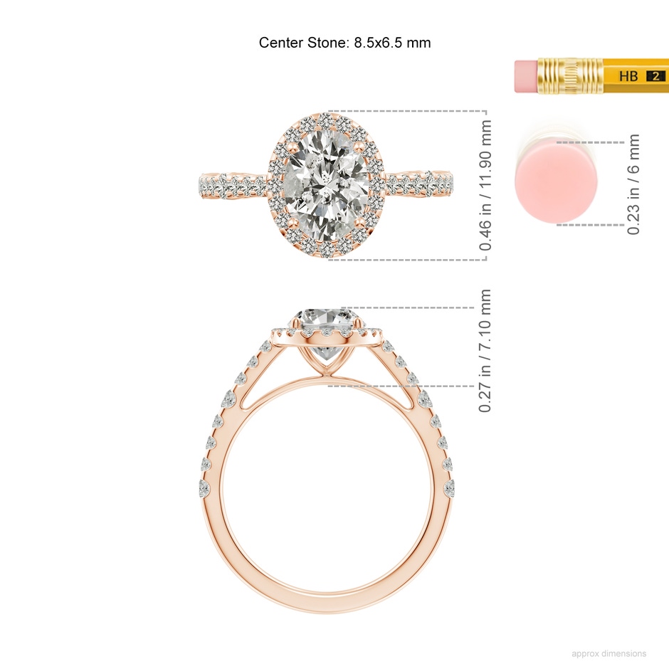 8.5x6.5mm KI3 Oval Diamond Station Halo Engagement Ring in Rose Gold ruler
