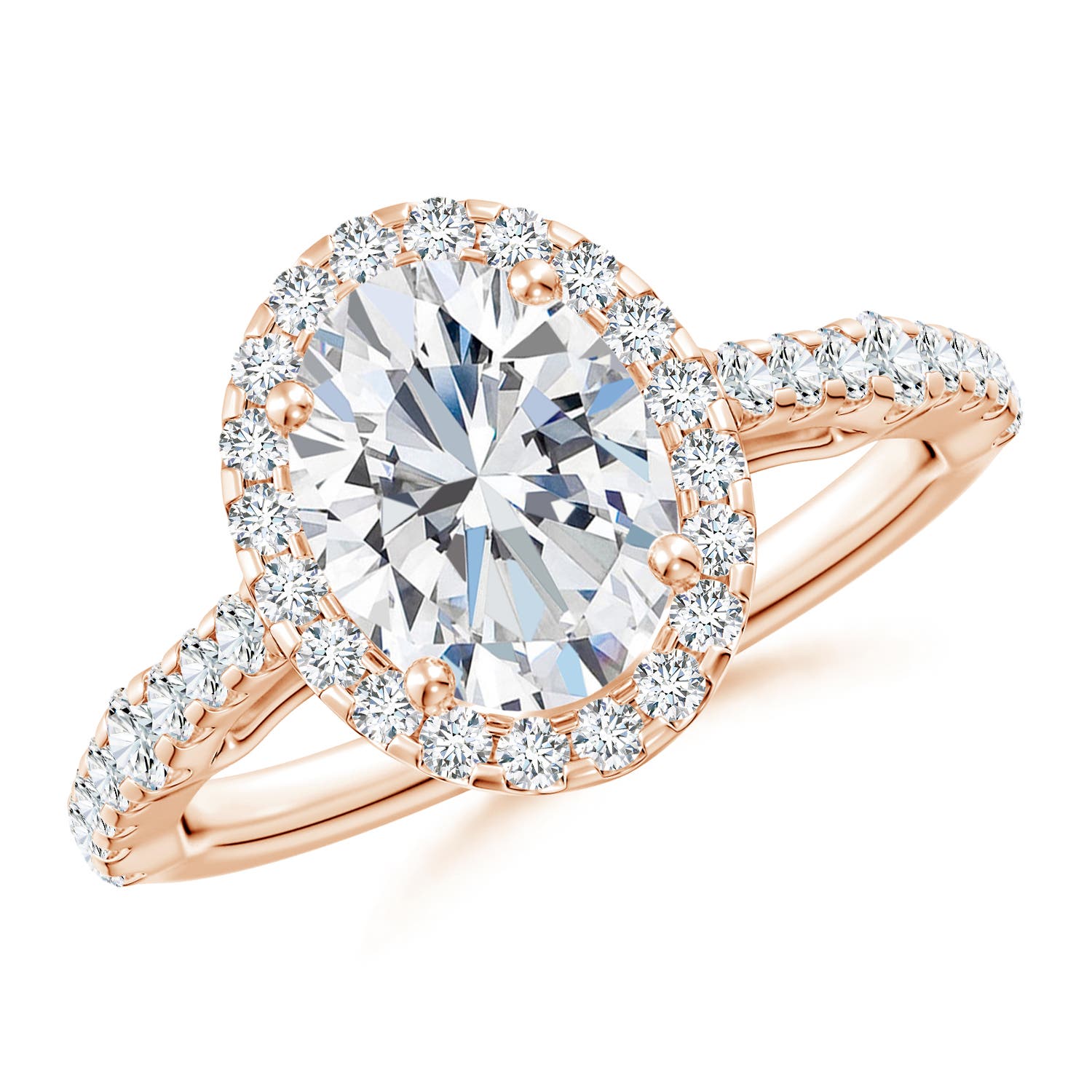 9x7mm GVS2 Oval Diamond Station Halo Engagement Ring in 18K Rose Gold