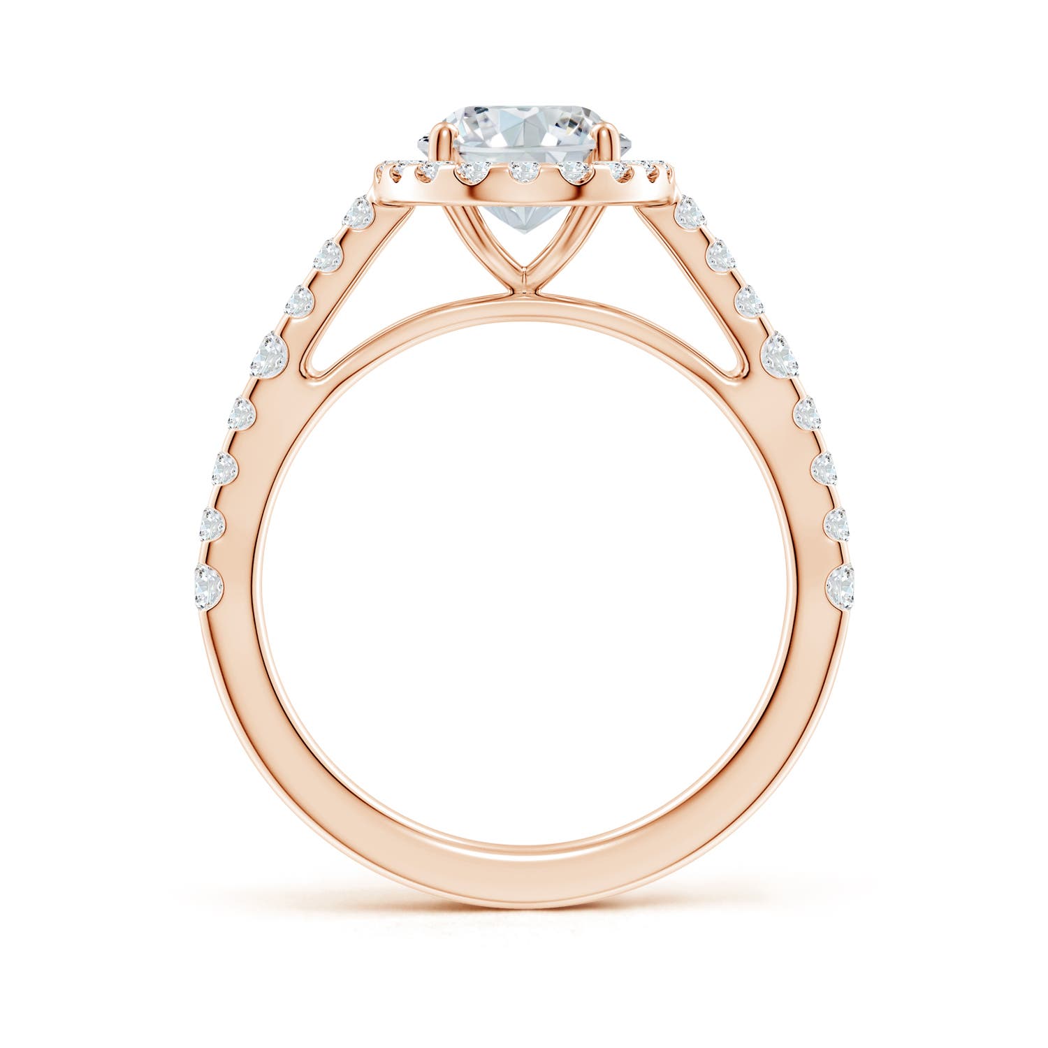 9x7mm GVS2 Oval Diamond Station Halo Engagement Ring in 18K Rose Gold