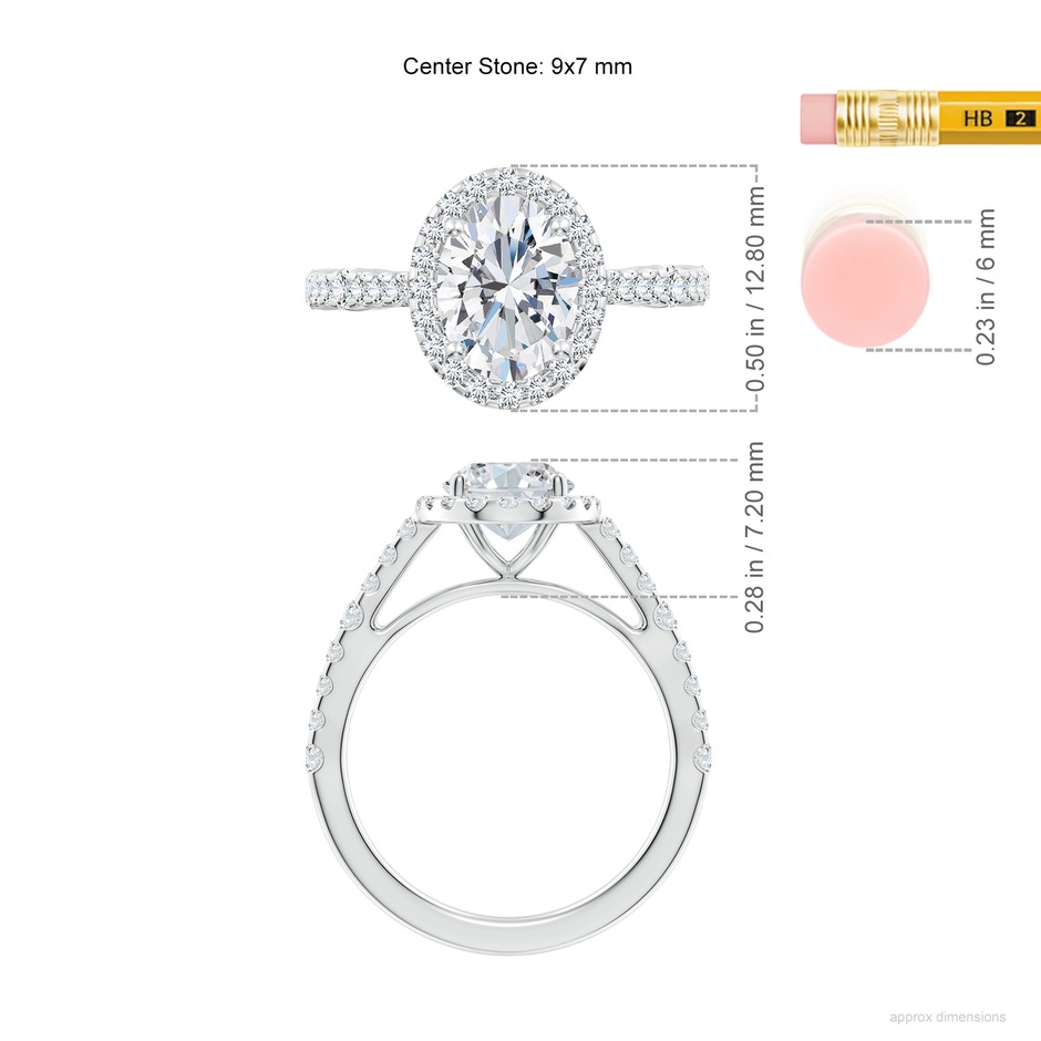 9x7mm GVS2 Oval Diamond Station Halo Engagement Ring in White Gold ruler