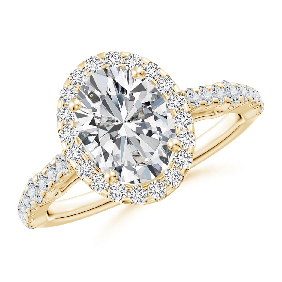 9x7mm HSI2 Oval Diamond Station Halo Engagement Ring in Yellow Gold 
