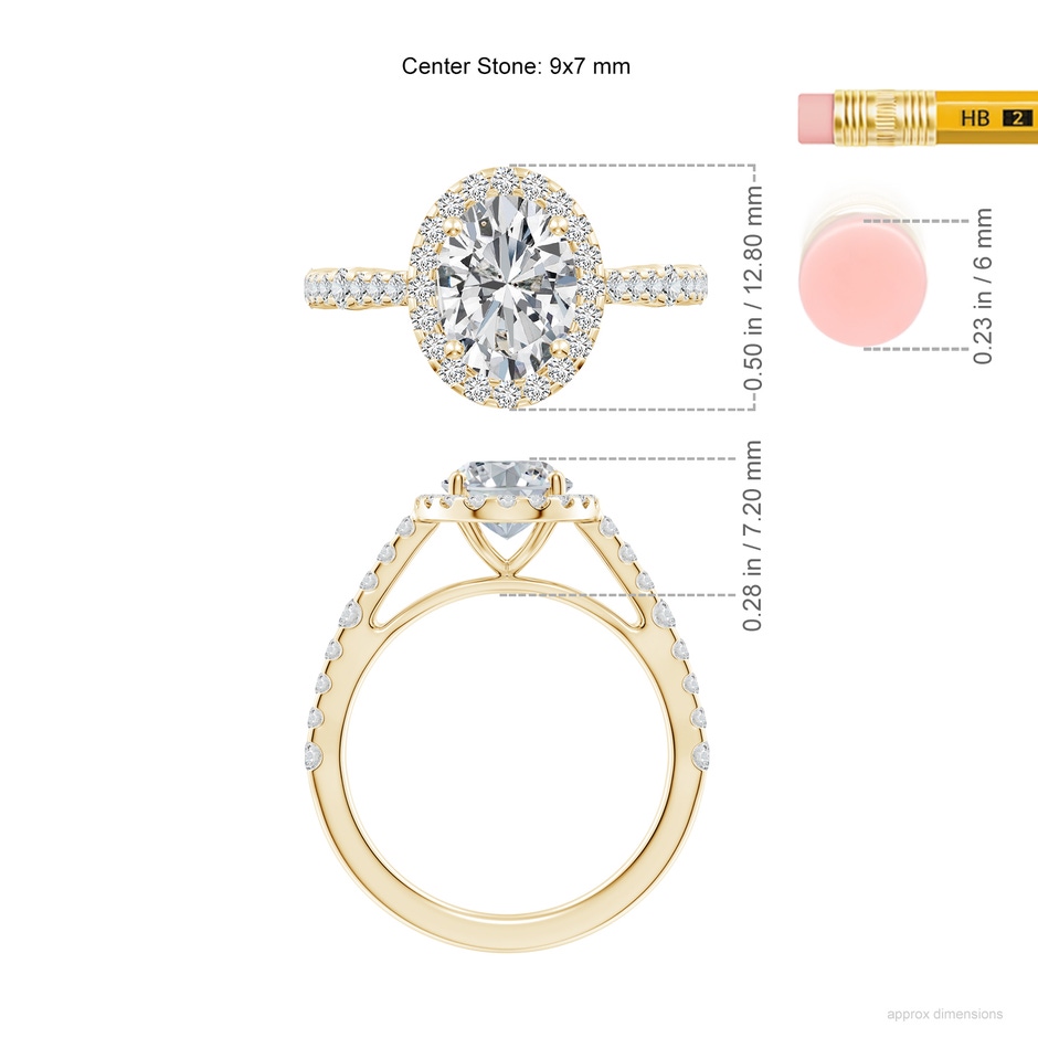 9x7mm HSI2 Oval Diamond Station Halo Engagement Ring in Yellow Gold ruler