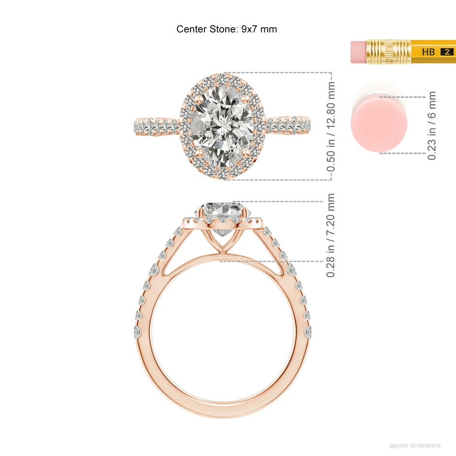 9x7mm KI3 Oval Diamond Station Halo Engagement Ring in Rose Gold ruler