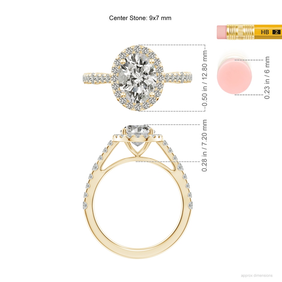 9x7mm KI3 Oval Diamond Station Halo Engagement Ring in Yellow Gold ruler