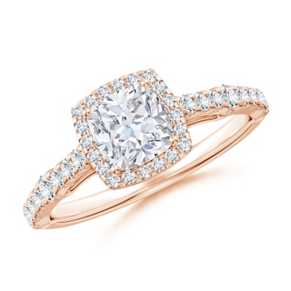5.5mm GVS2 Cushion Diamond Station Halo Engagement Ring in Rose Gold