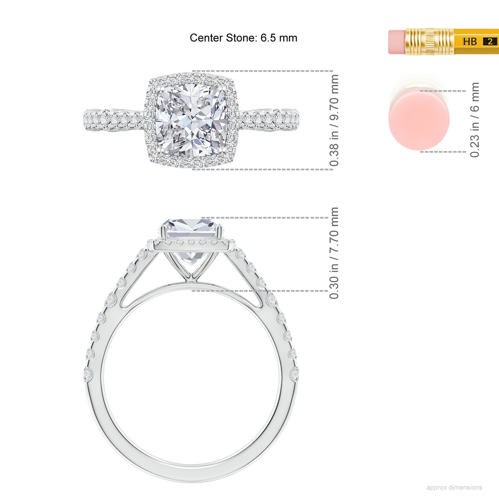 6.5mm HSI2 Cushion Diamond Station Halo Engagement Ring in White Gold ruler